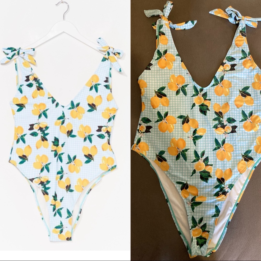Nasty Gal lemon gingham print high cut one piece swimsuit